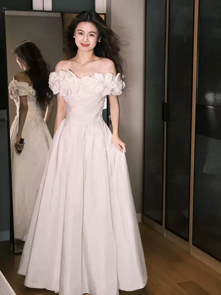 One-shoulder design  7 French light wedding dress 2025 new bride wedding white wedding dress engagement evening dress