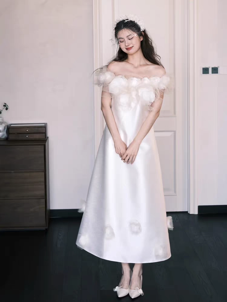 French white satin  20 one-shoulder flower wedding engagement reception light wedding dress banquet birthday small dress skirt