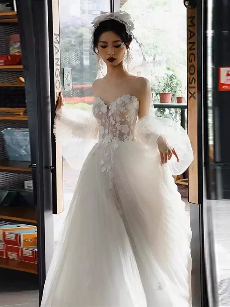 Forest light wedding 21 dress super fairy dream welcome yarn French tube top lace princess style bride gown wedding
