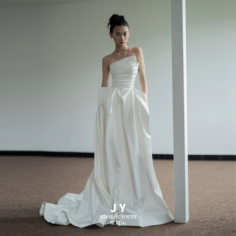 Satin wedding dress 47 bride retro French light wedding dress small dress