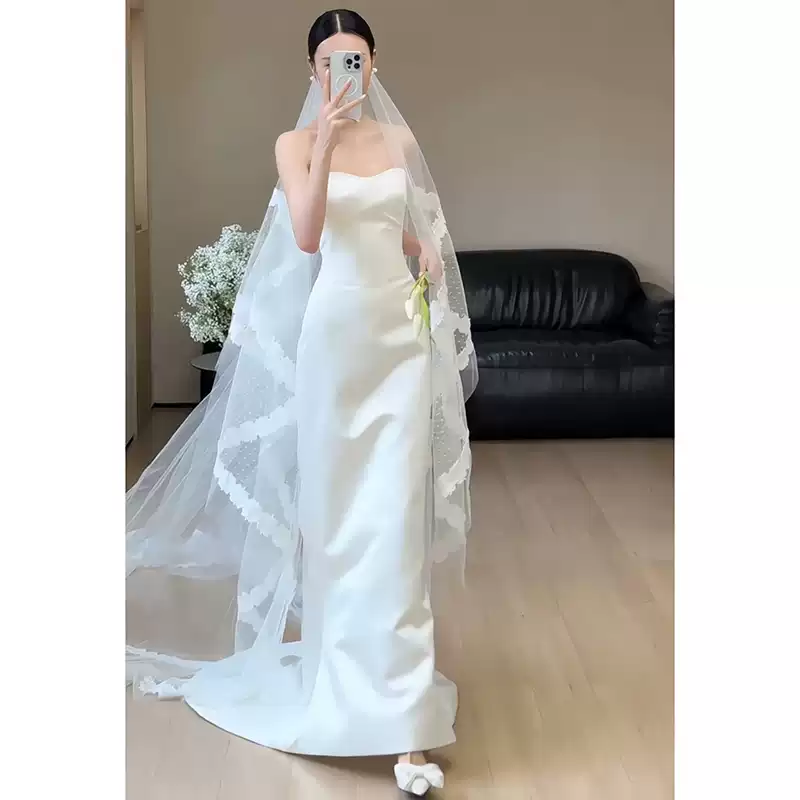 French style tube top 52 light wedding dress bride 2025 new satin simple fishtail high-end engagement female welcome out yarn