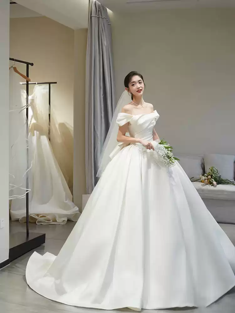 Main wedding 55 dress bride 2025 new style high-quality texture one shoulder satin long tail slim French style