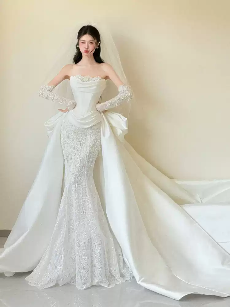 French lace fishtail 58 light wedding dress high-end bride engagement welcome out yarn super fairy temperament tube top dress skirt