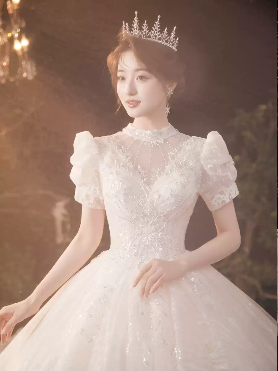 Light wedding 71 dress 2025 new bride main yarn princess puff sleeves high-end palace style trailing retro outing yarn 2022