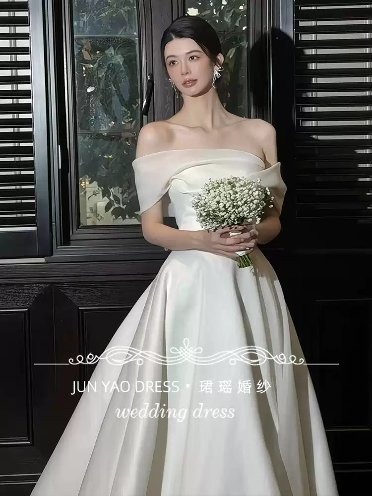 Satin main 79 wedding dress 2025 new engagement dress petite one-shoulder morning gown female bride retro gown light yarn