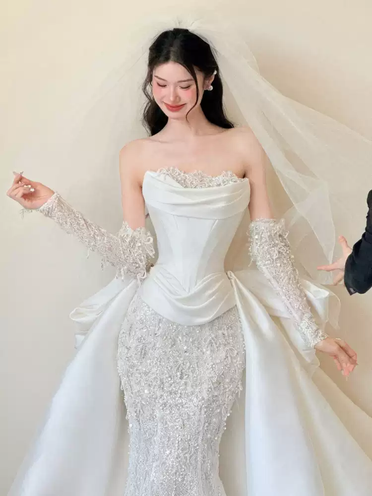 French 91 lace fishtail light wedding dress high-end bride engagement welcome out yarn super fairy temperament tube top dress skirt