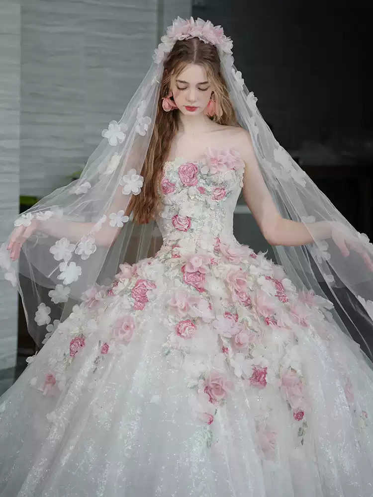 2025 new style 94 wedding dress with a veil, a high-quality texture, a French-style light-outdoor veil, a pink rose fairy dress