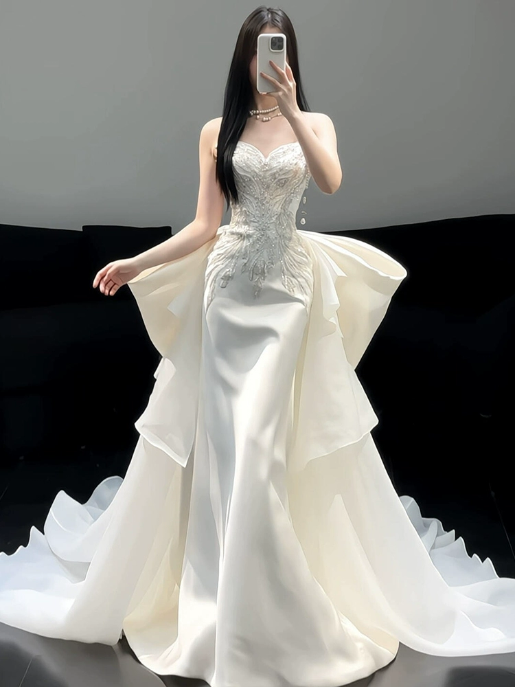 Satin light 95 wedding dress 2025 new engagement dress skirt petite gown fishtail morning gown female bride toast dress