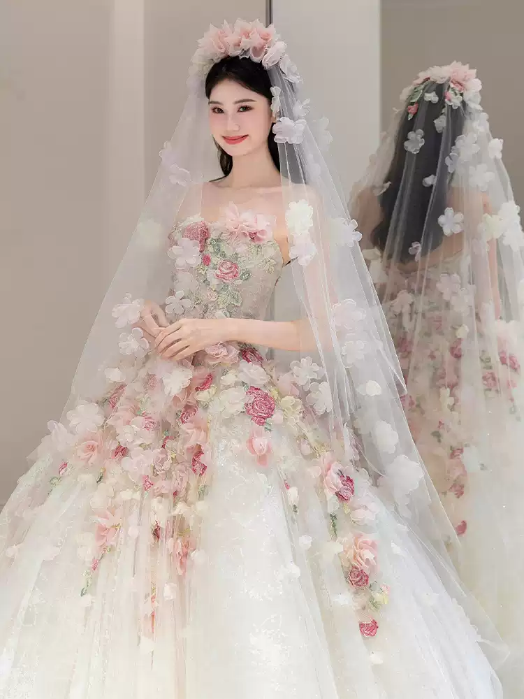 Monet Garden 97 Rose Wedding Dress 2025 New Bridal Main Veil High-quality French Light Tube Top Out Veil
