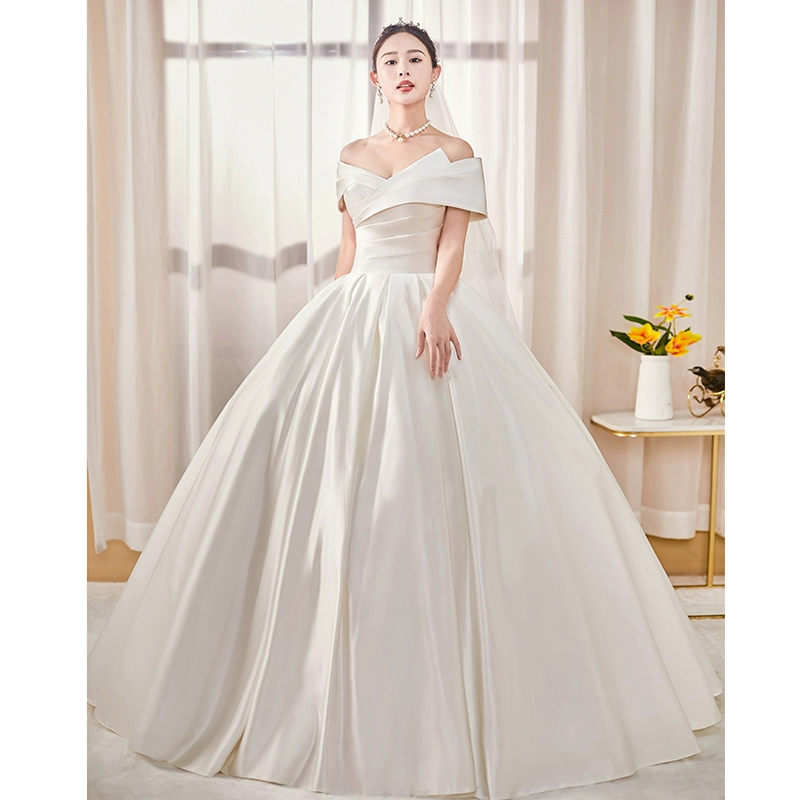 French satin 99 main wedding dress 2025 new bride princess slim temperament trailing French pregnant woman level one shoulder