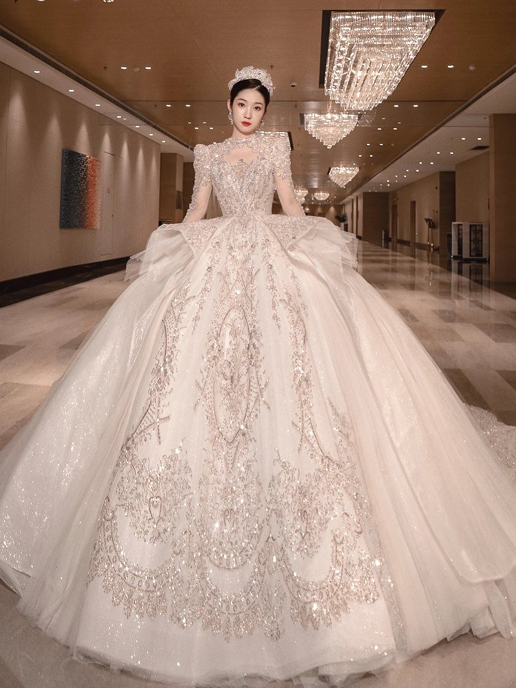 2025 New Wedding Dress - Heavy-duty 115 Bridal Main Dress, Plus Size, High-quality Texture, Suitable for Maternity and Petite Women, French Style, Long Sleeve, High-end Winter