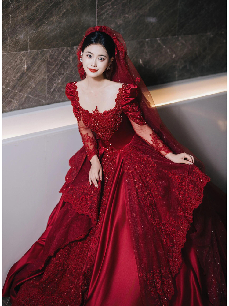 2025 New Red 118 Wedding Dress - Luxurious Retro High-Quality Haute Couture Main Dress for Petite Brides