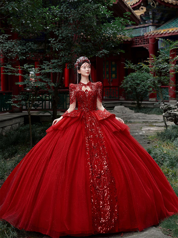 Red 120 wedding dress, new winter style, 2025, vintage, high-end, heavy-duty, petite, light long-sleeved.