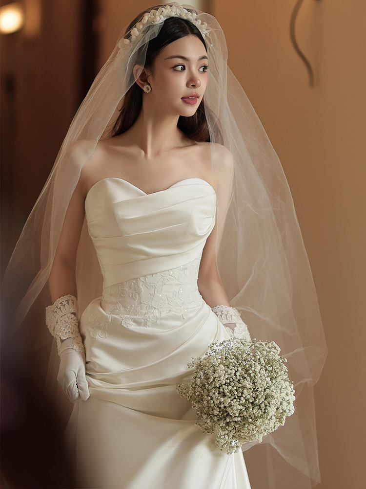 Satin Wedding 123 Dress 2025 New Style Main Dress High-Quality French Retro Strapless Wedding Dress with Heavy Train