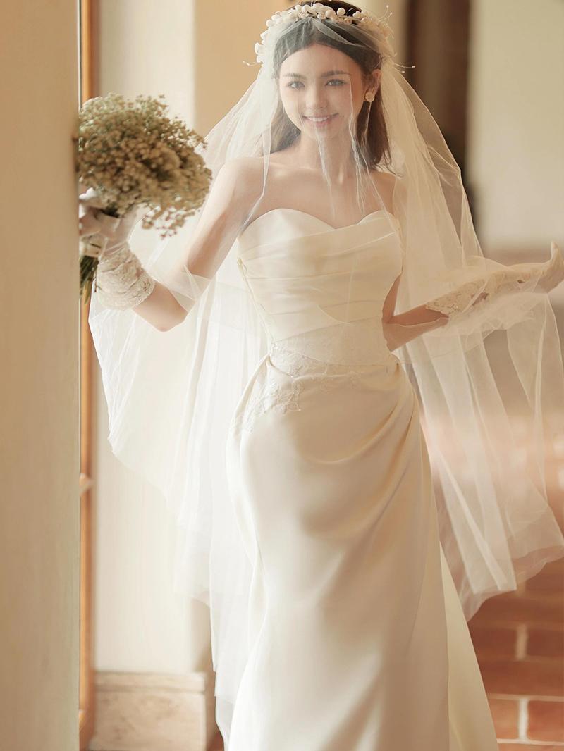 Satin Wedding 124 Dress 2025 New Style Long-Sleeved French Style Wedding Dress, Strapless Wedding Welcome Dress, High-End Feel