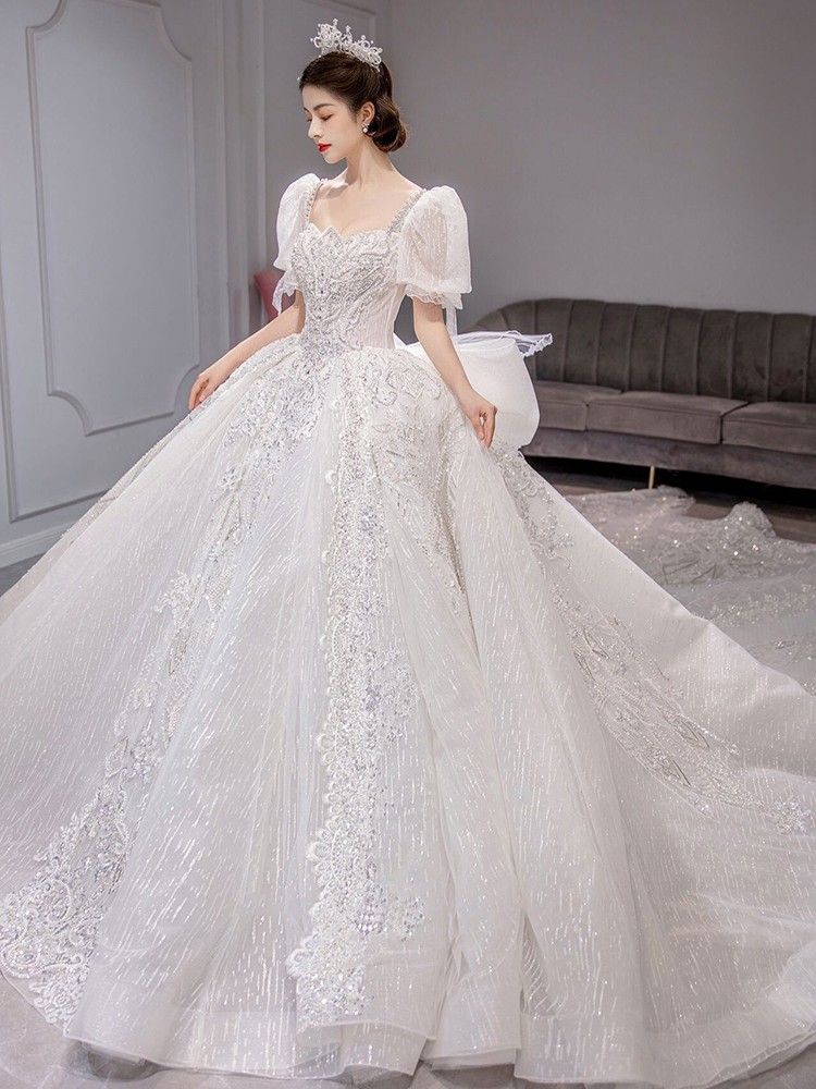 Off-the-shoulder 134 light wedding dress, 2025 new style, heavy-duty main wedding dress, petite and elegant, plus size, maternity, French style train.