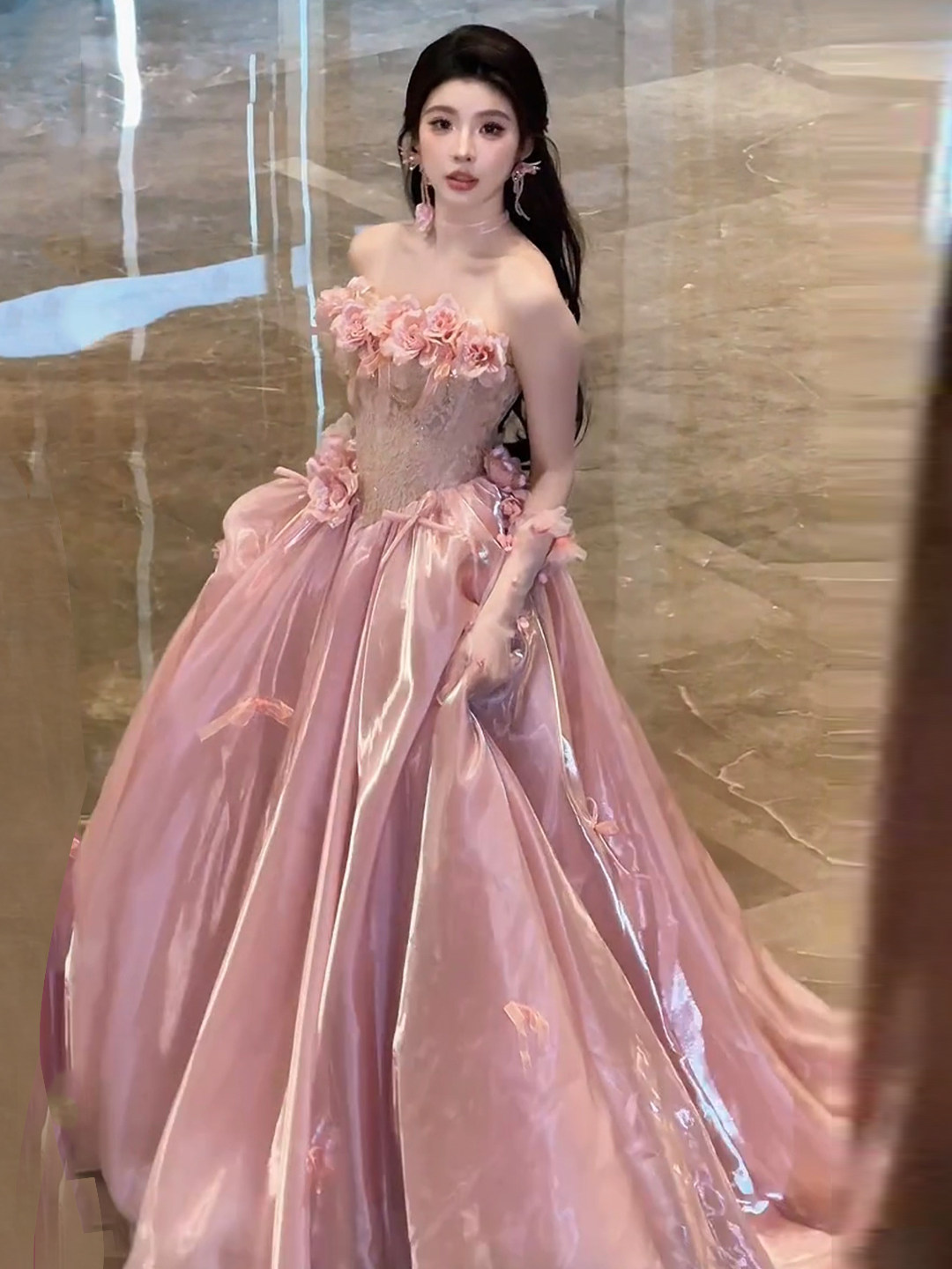 Absolutely 154 stunning strapless evening gown, ethereal and beautiful, perfect for petite brides, featuring 3D floral prints, ideal for travel photography, wedding studios, and themed wedding dresses.