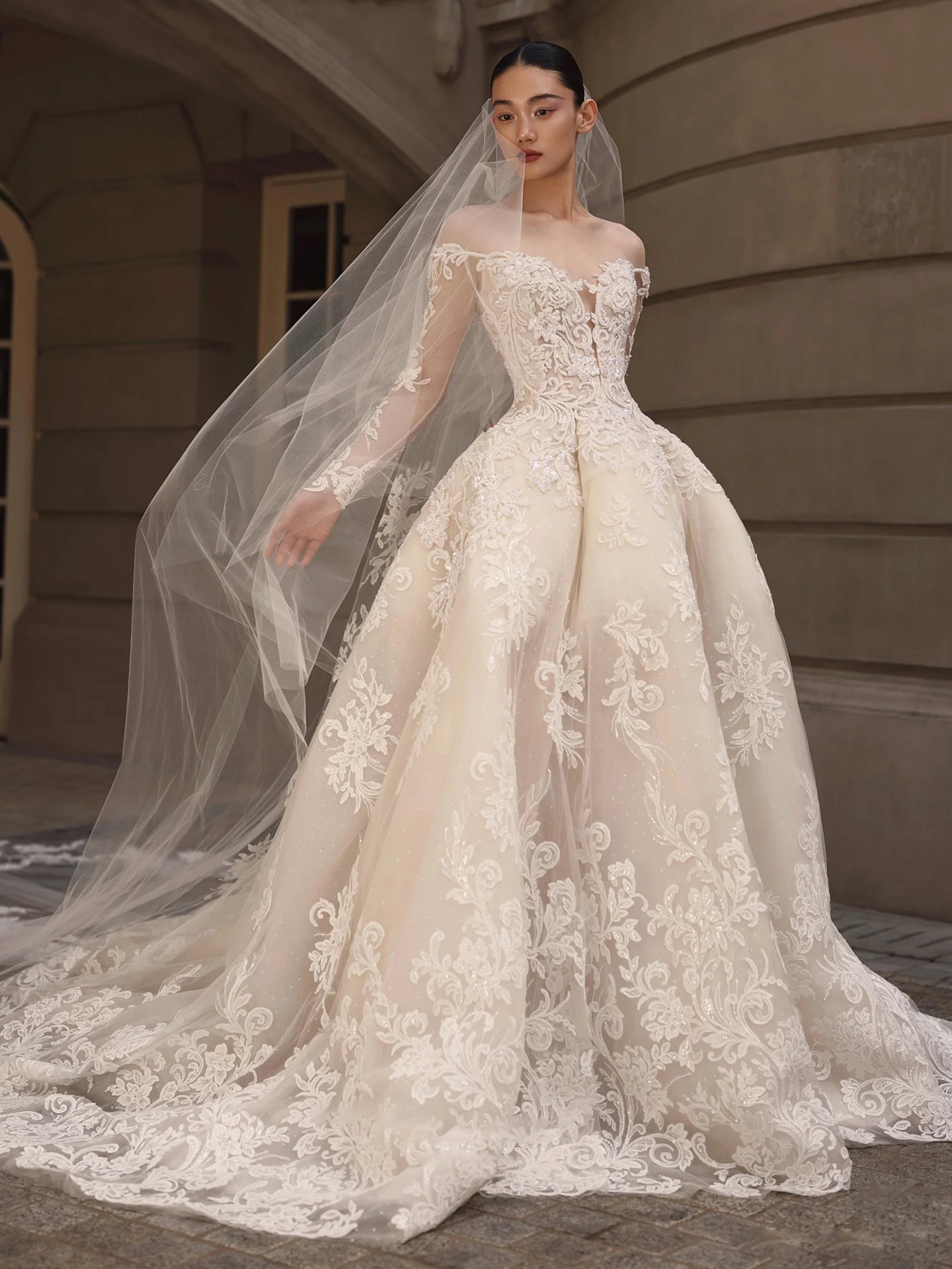 One-shoulder 172 lace light wedding dress bride high-end feeling light luxury heavy work travel photography main dress exquisite wedding entrance dress 